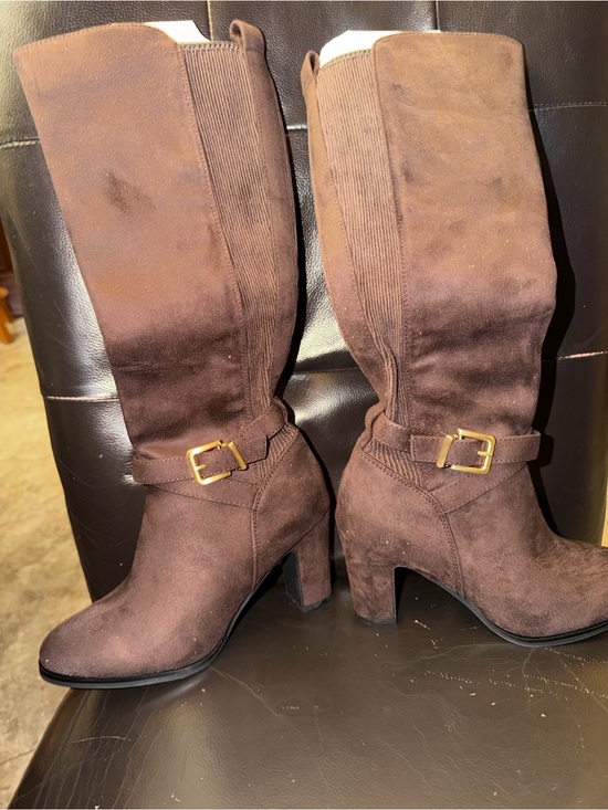 Shoes - Classic Brown Suede Mid-Calf Heeled Boots with Buckle Strap